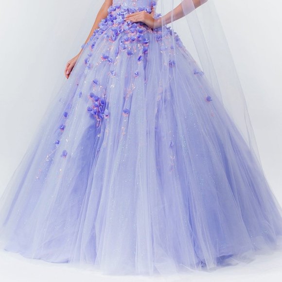 Floral Applique Glitter Mesh Quinceanera Dress w/ Detachable Cape Sleeve GL1974 - Picture 5 of 8